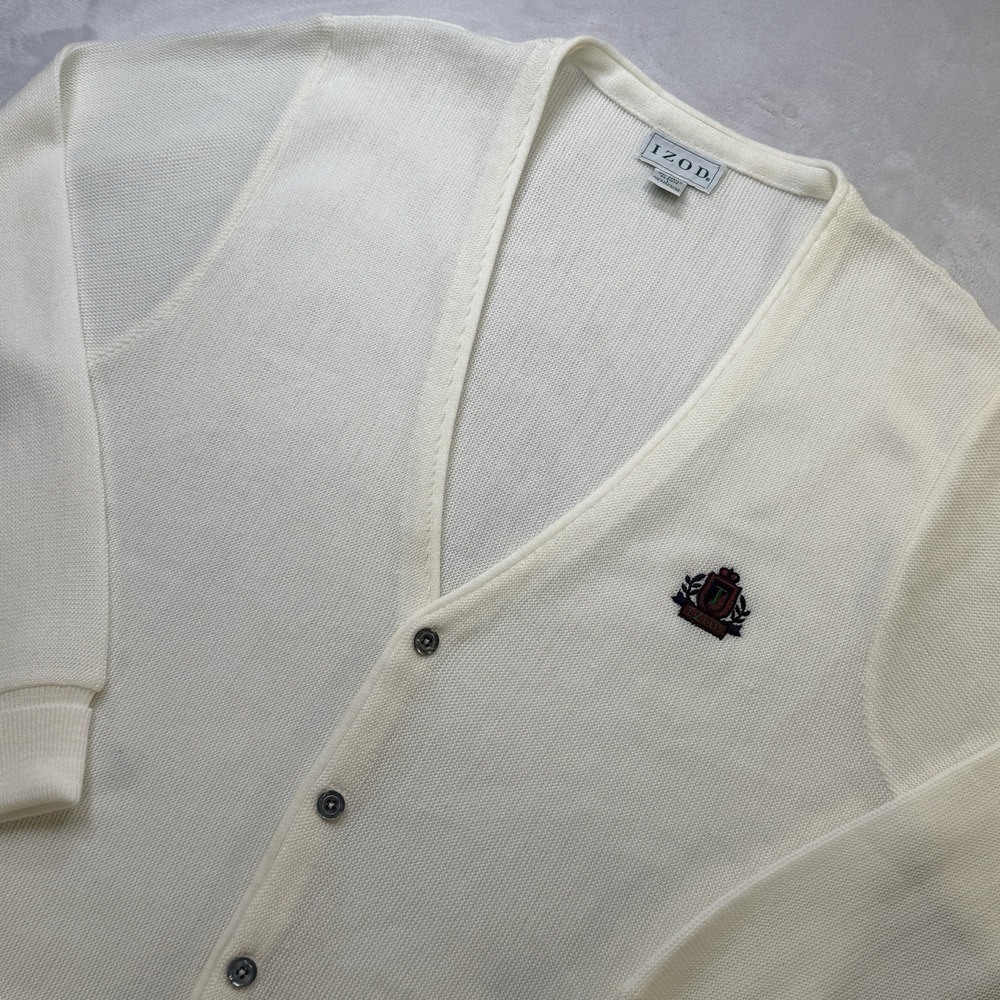 IZOD Vintage Cardigan Sweater Mens Large Ivory Crest Logo Grandpa Golf